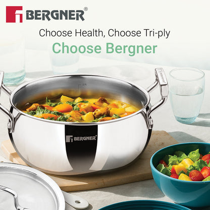 Bergner TriPro Tri-Ply Stainless Steel 8-inch Belly Casserole Cookware, Induction Ready