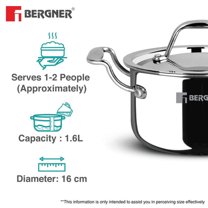 Bergner Argent Tri-Ply Stainless Steel Mini Casserole, Healthy Cooking Pot