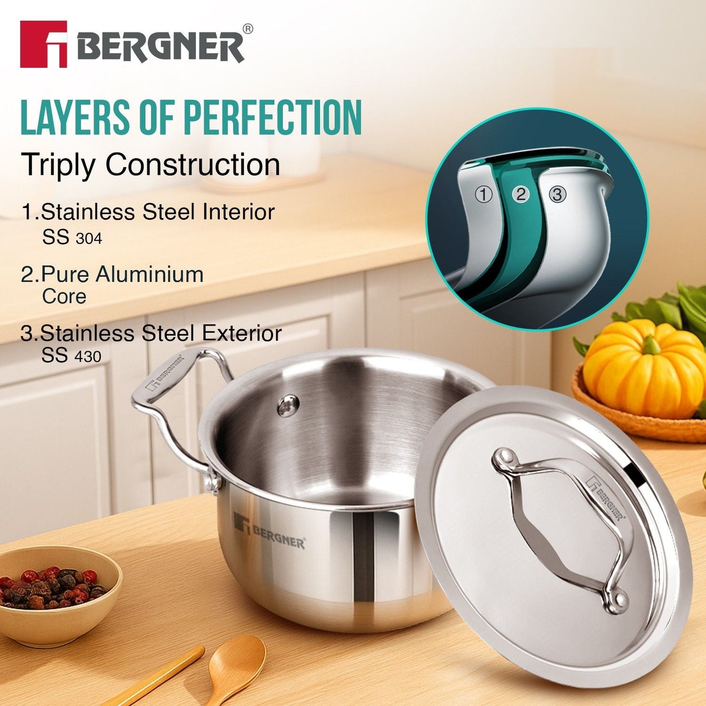 Bergner Argent Tri-Ply Stainless Steel Mini Casserole, Healthy Cooking Pot