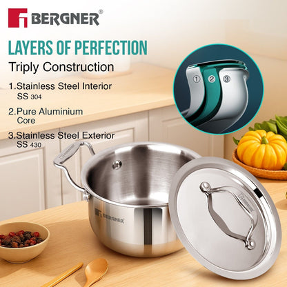 Bergner Argent Tri-Ply Stainless Steel Mini Casserole, Healthy Cooking Pot