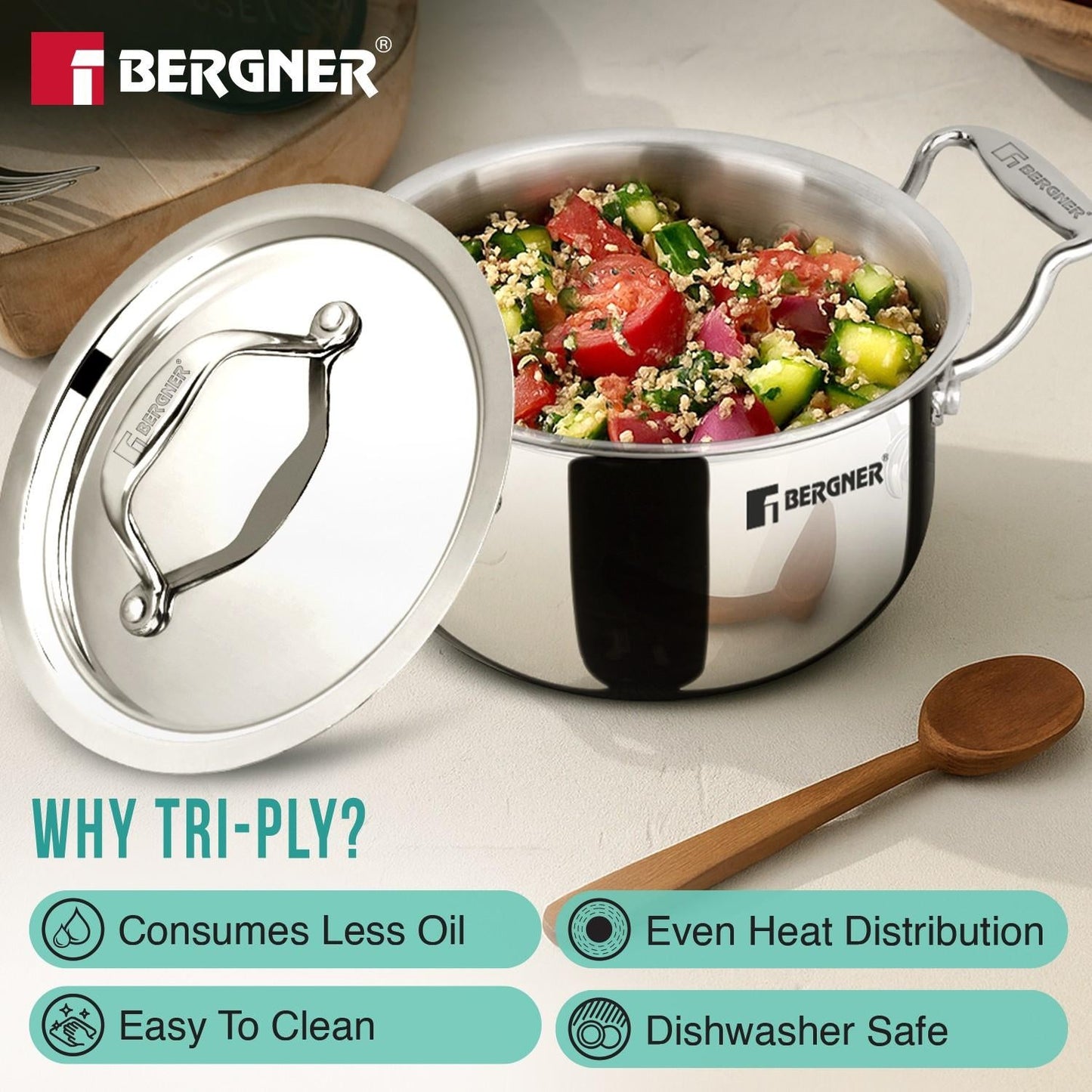 Bergner Argent Tri-Ply Stainless Steel Mini Casserole, Healthy Cooking Pot