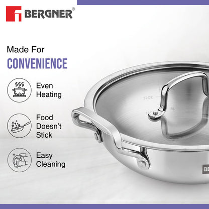 Bergner BE Essentials Tri-Ply Stainless Steel 26cm 3.9L Kadai Cookware with Flat Glass Lid