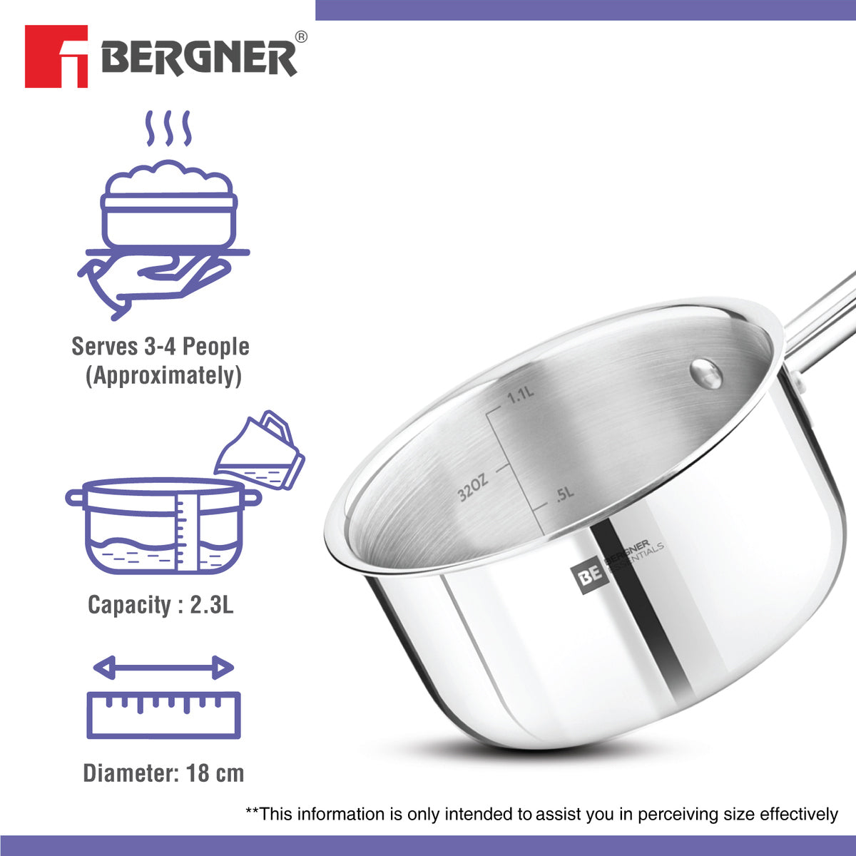 Bergner Tri-Ply Stainless Steel 18cm Teapan Milk Pan Induction Ready