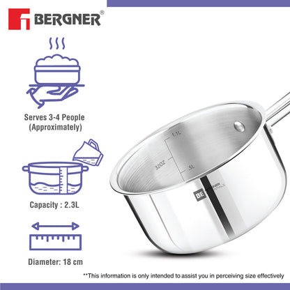 Bergner Tri-Ply Stainless Steel 18cm Teapan Milk Pan Induction Ready