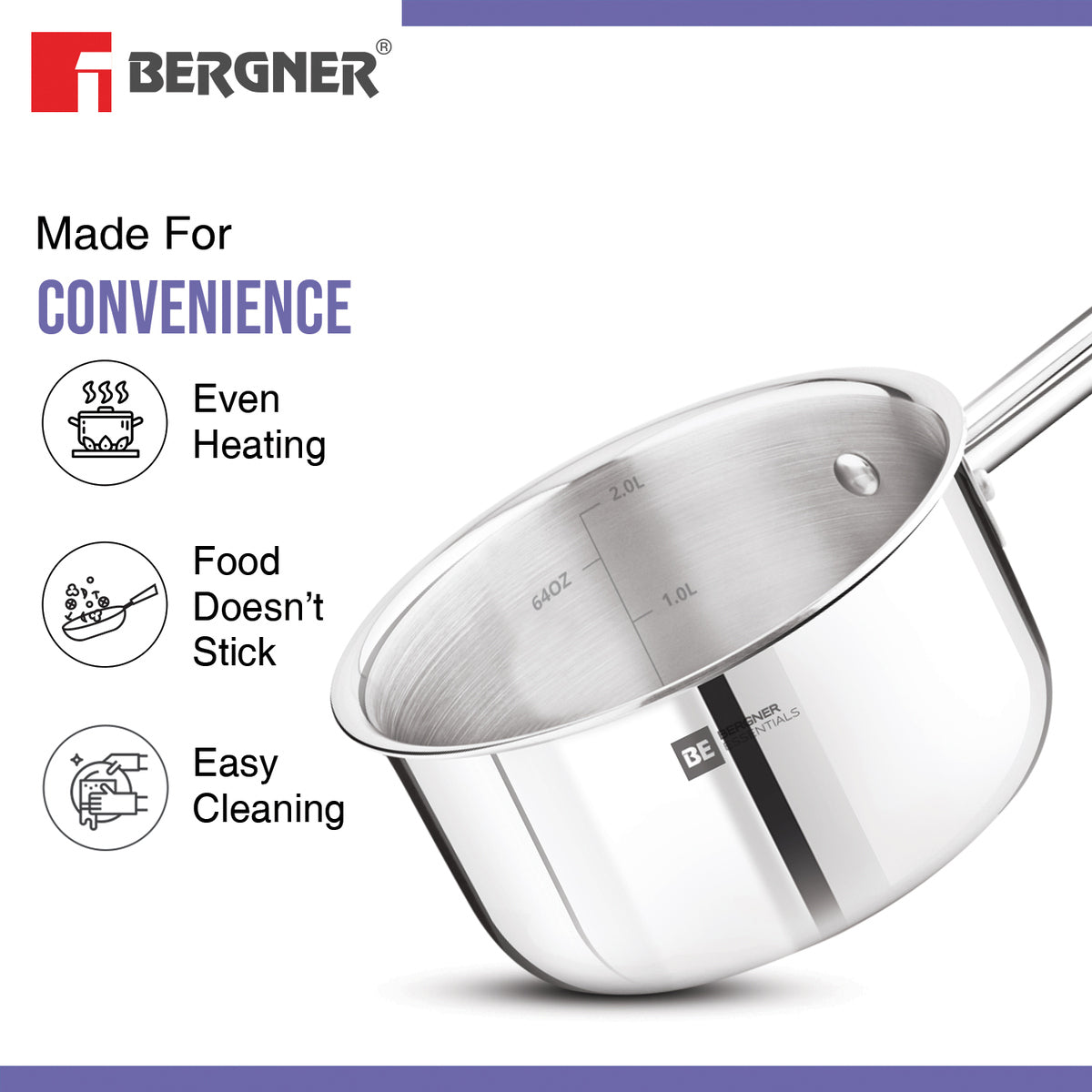 Bergner Tri-Ply Stainless Steel 18cm Teapan Milk Pan Induction Ready