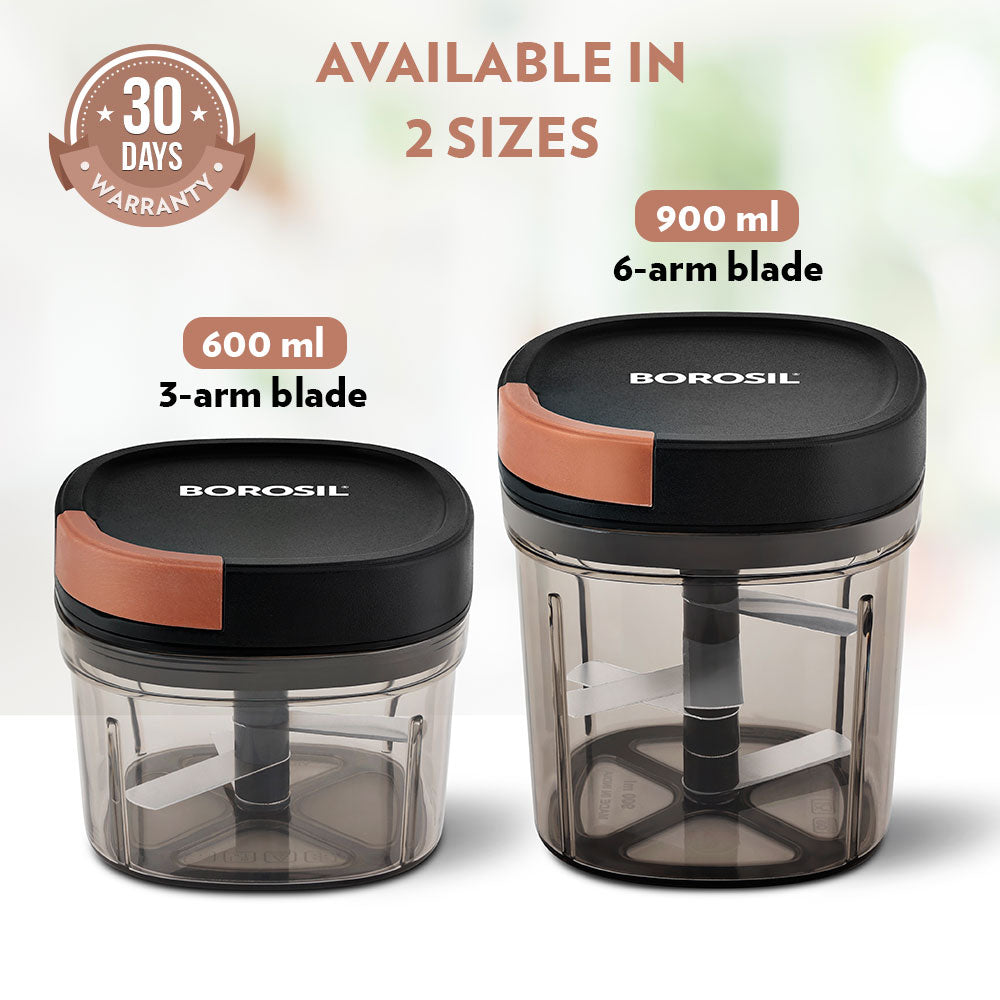 Borosil EazyPull 600ml Manual Food Chopper: 3 Sharp Blades for Quick Prep