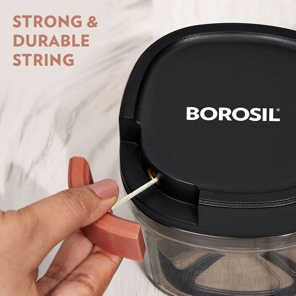 Borosil EazyPull 600ml Manual Food Chopper: 3 Sharp Blades for Quick Prep