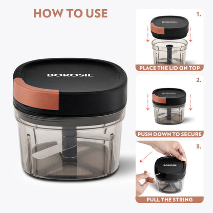 Borosil EazyPull 600ml Manual Food Chopper: 3 Sharp Blades for Quick Prep