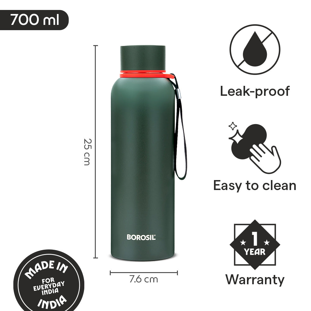 Borosil Hydra Trek Insulated Stainless Steel Water Bottle Green 23.7oz