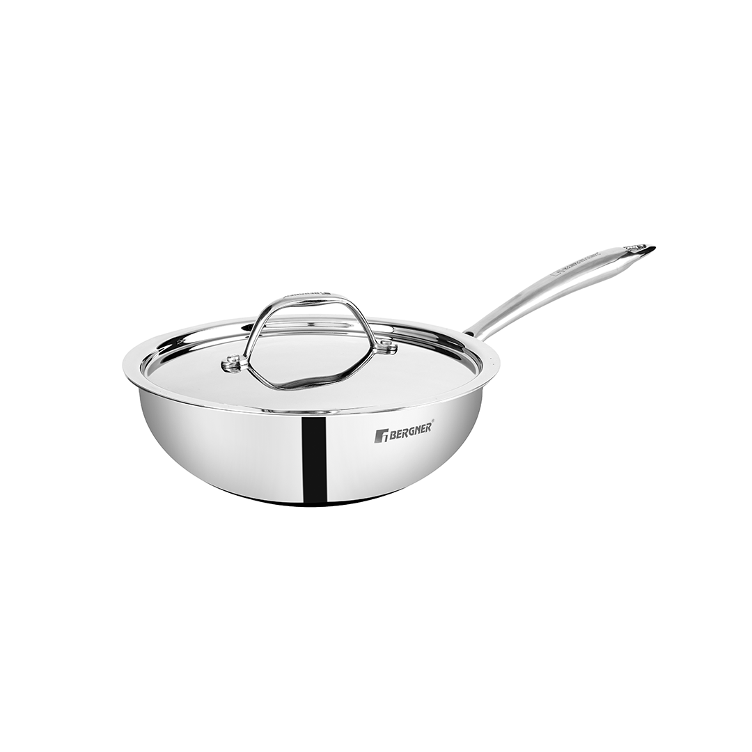 Bergner Argent Tri-Ply Stainless Steel 8.66-inch Wok with Lid, Induction Ready