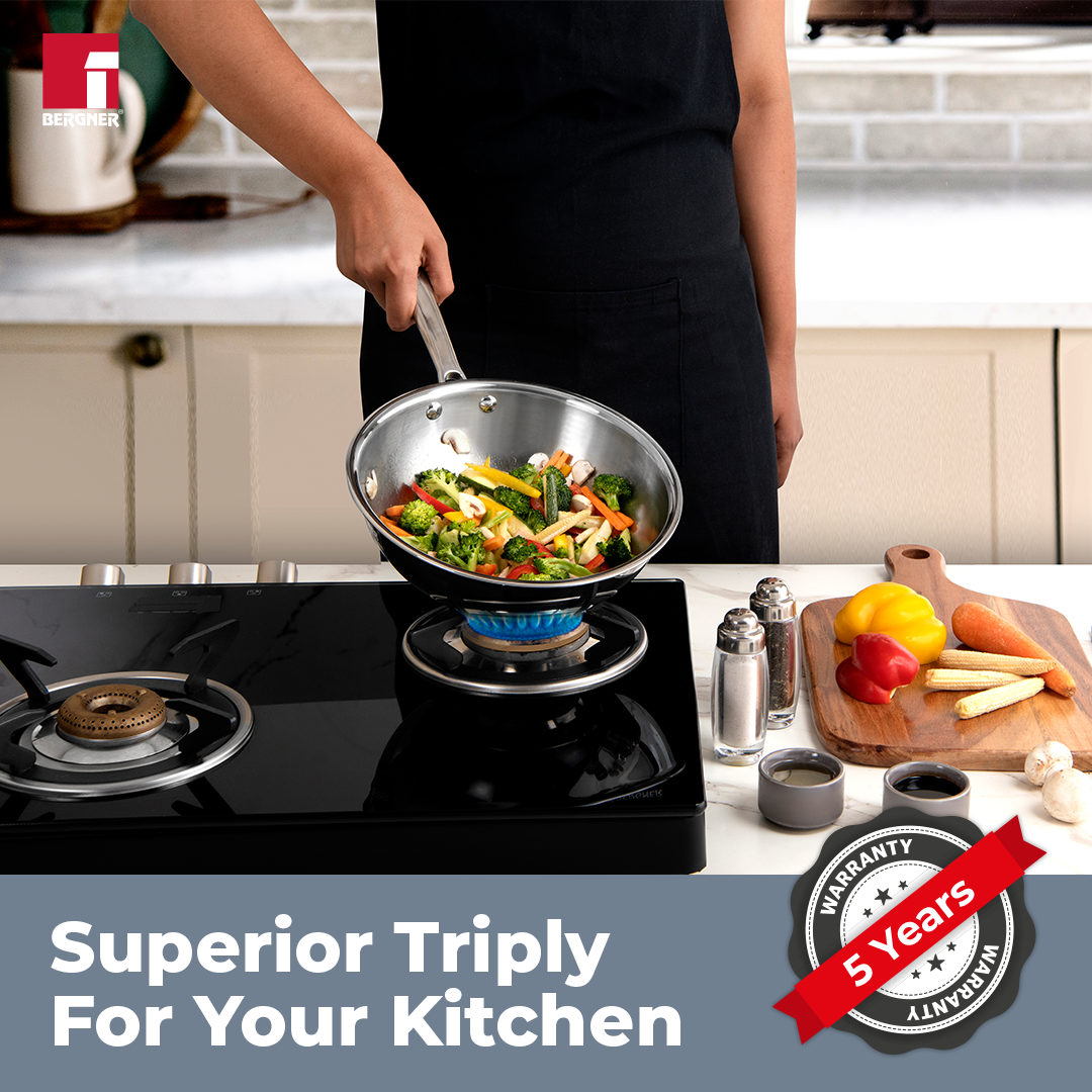 Bergner Argent Tri-Ply Stainless Steel 8.66-inch Wok with Lid, Induction Ready