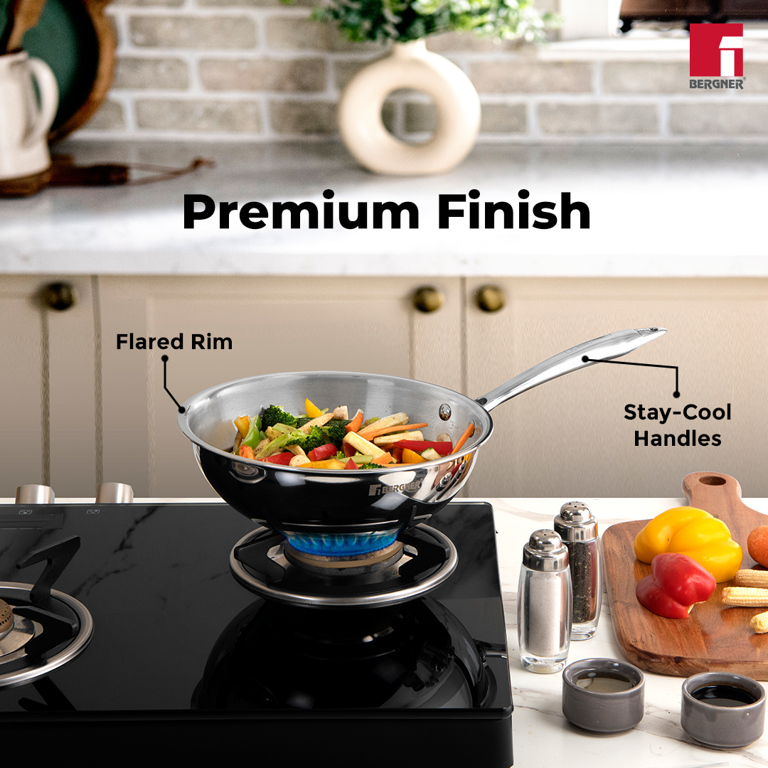Bergner Argent Tri-Ply Stainless Steel 8.66-inch Wok with Lid, Induction Ready
