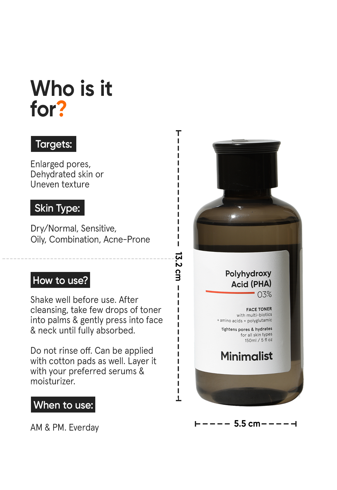 Minimalist PHA 3% Gentle Exfoliating Face Toner for Pore Tightening