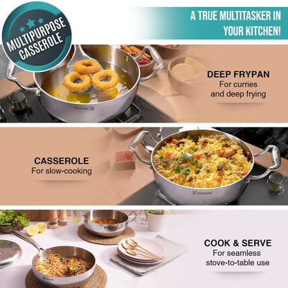 Bergner Argent Saiba Tri-Ply Stainless Steel 22cm Casserole, Induction Ready