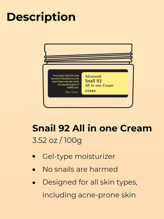 COSRX Advanced Snail 92 All-in-One Cream: 92% Snail Mucin, Intense Hydration & Repair