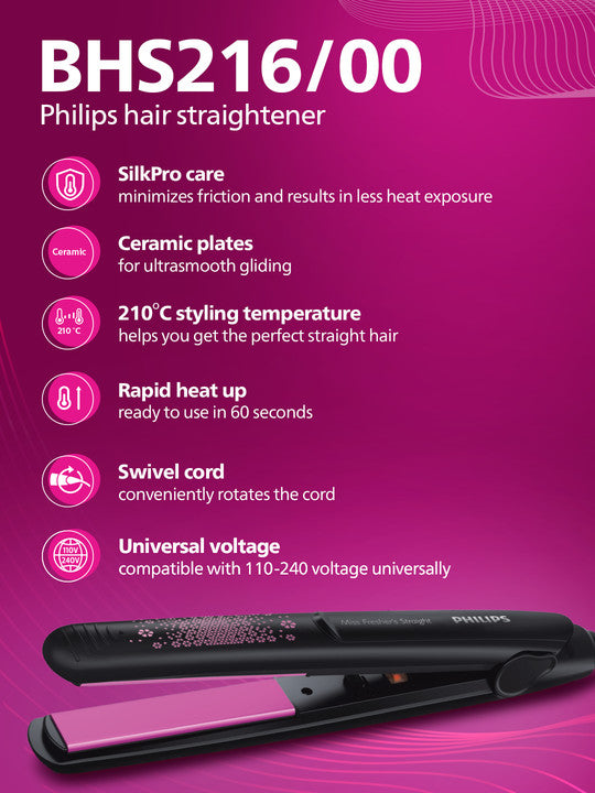 Philips BHS216/00 Hair Straightener with Ceramic Plates Black Pink