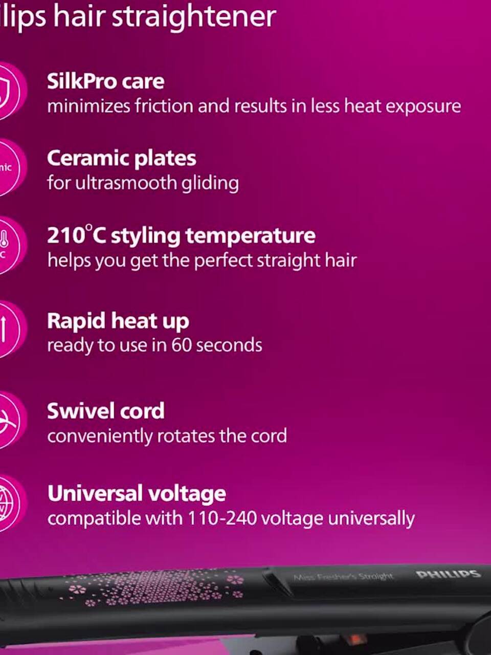 Philips BHS216/00 Hair Straightener with Ceramic Plates Black Pink