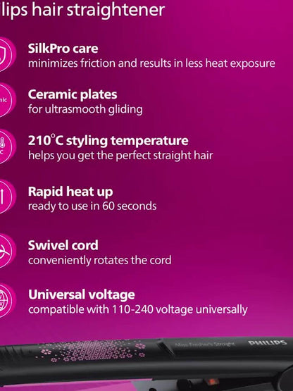 Philips BHS216/00 Hair Straightener with Ceramic Plates Black Pink