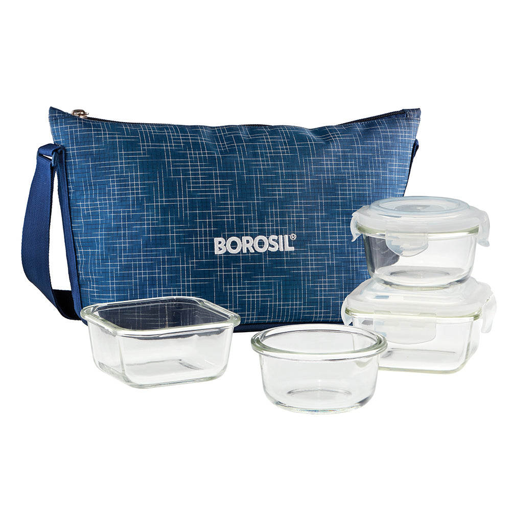 Borosil Indigo Daisy Glass Lunchbox Set With 4 Leak-Proof Containers