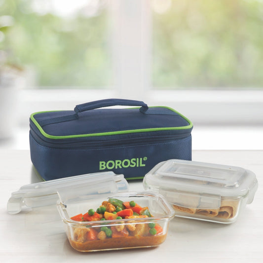 Borosil Blue Glass Lunchbox Set 370ml Rectangular Microwave Safe