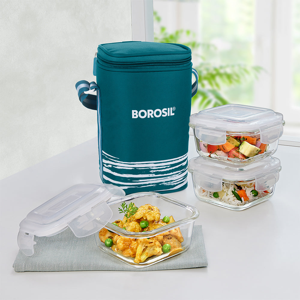 Borosil Steller Square Toughened Glass Lunch Box Set, 3 Leak-Proof 320ml Containers