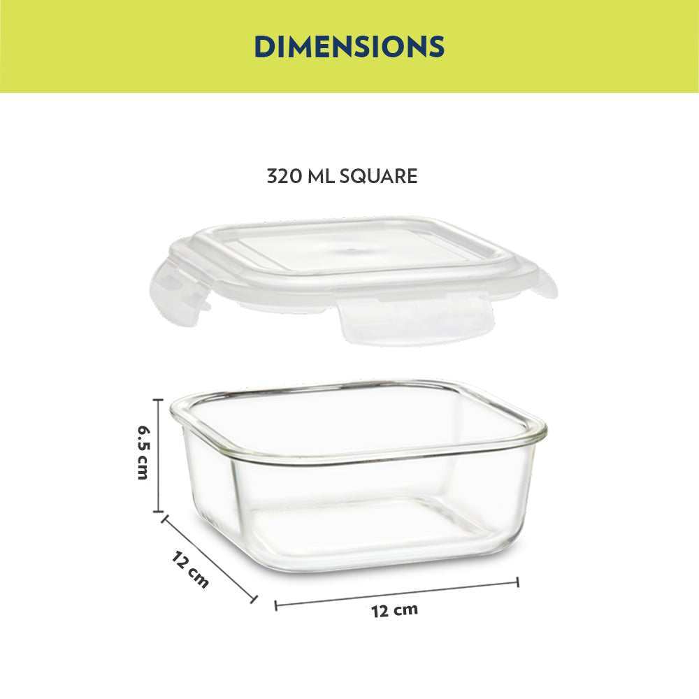 Borosil Steller Square Toughened Glass Lunch Box Set, 3 Leak-Proof 320ml Containers