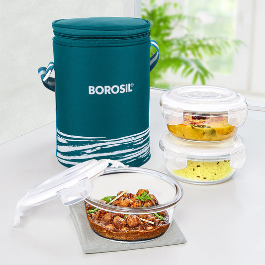 My Borosil Steller Round Glass Lunch Box Set, 3 x 400ml, Leak-Proof