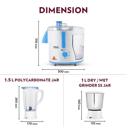 Borosil Primus II 500W Multi-Functional Juicer Mixer Grinder Appliance