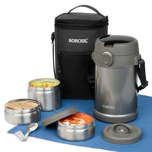 Borosil CarryMe Insulated Stainless Steel Leakproof Lunchbox Set with Spoon