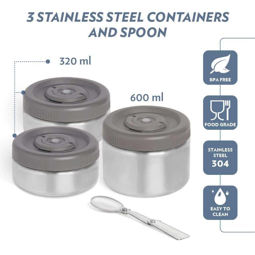 CarryMe Insulated Stainless Steel Lunchbox Set, 3 Containers, Hot Food Storage