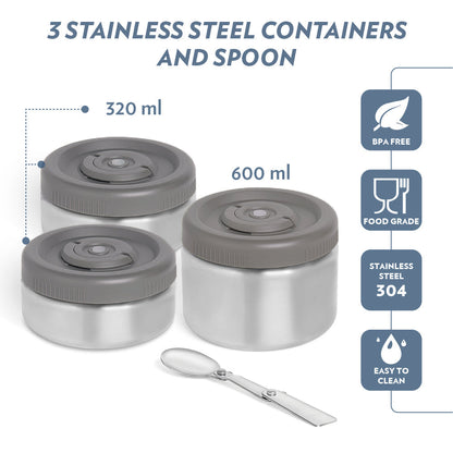 Borosil CarryMe Insulated Stainless Steel Leakproof Lunchbox Set with Spoon