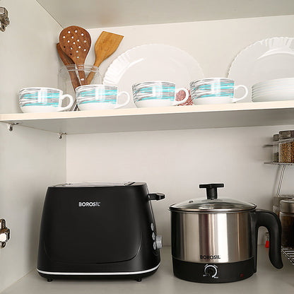 Borosil Krispy Pop-Up Toaster: Black, Wide Slots, 7 Browning, Easy Clean