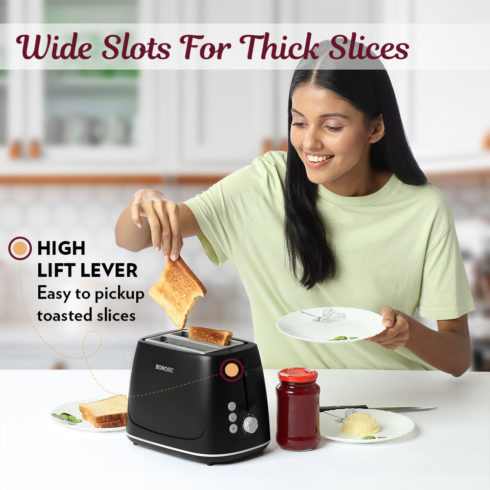 Borosil Krispy Pop-Up Toaster: Black, Wide Slots, 7 Browning, Easy Clean