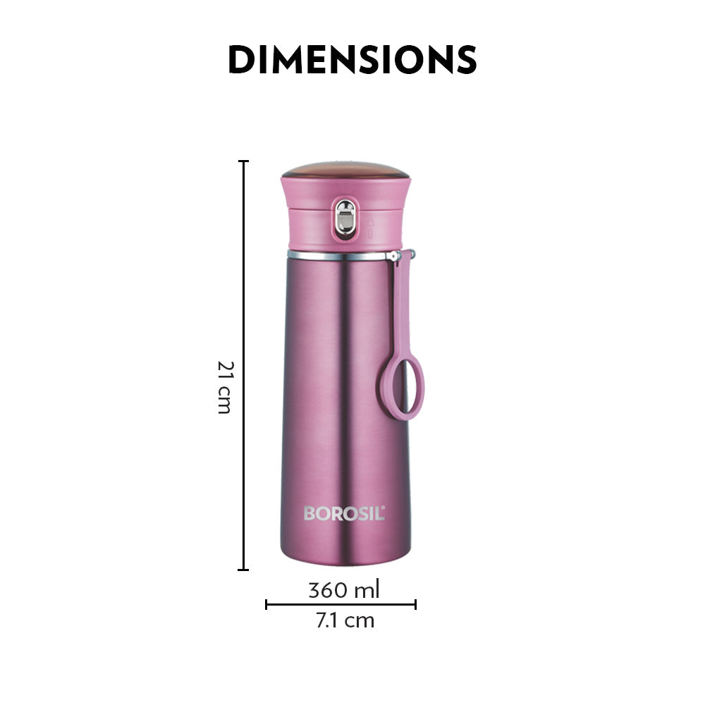 Borosil Travelease Purple 360ml Insulated Stainless Steel Sipper Water Bottle